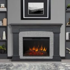 63" Deland Grand Real Flame Gray Stone Electric Fireplace