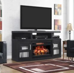 59.9" Cantilever Media Mantel Engineered Black Oak Electric Fireplace