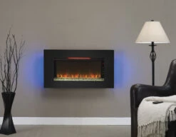 36'' Elysium Black Infrared Quartz Wall Electric Fireplace -Dimplex Shop 36II100GRG Front20view Room20shot C glass blue20with20red20flame