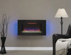 36'' Elysium Black Infrared Quartz Wall Electric Fireplace -Dimplex Shop 36II100GRG Front20view Room20shot D glass blue20with20blue20flame