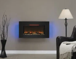 36'' Elysium Black Infrared Quartz Wall Electric Fireplace -Dimplex Shop 36II100GRG Front20view Room20shot G ash blue20with20red20flame