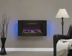 36'' Elysium Black Infrared Quartz Wall Electric Fireplace -Dimplex Shop 36II100GRG Front20view Room20shot H ash Blue20with20blue20flame